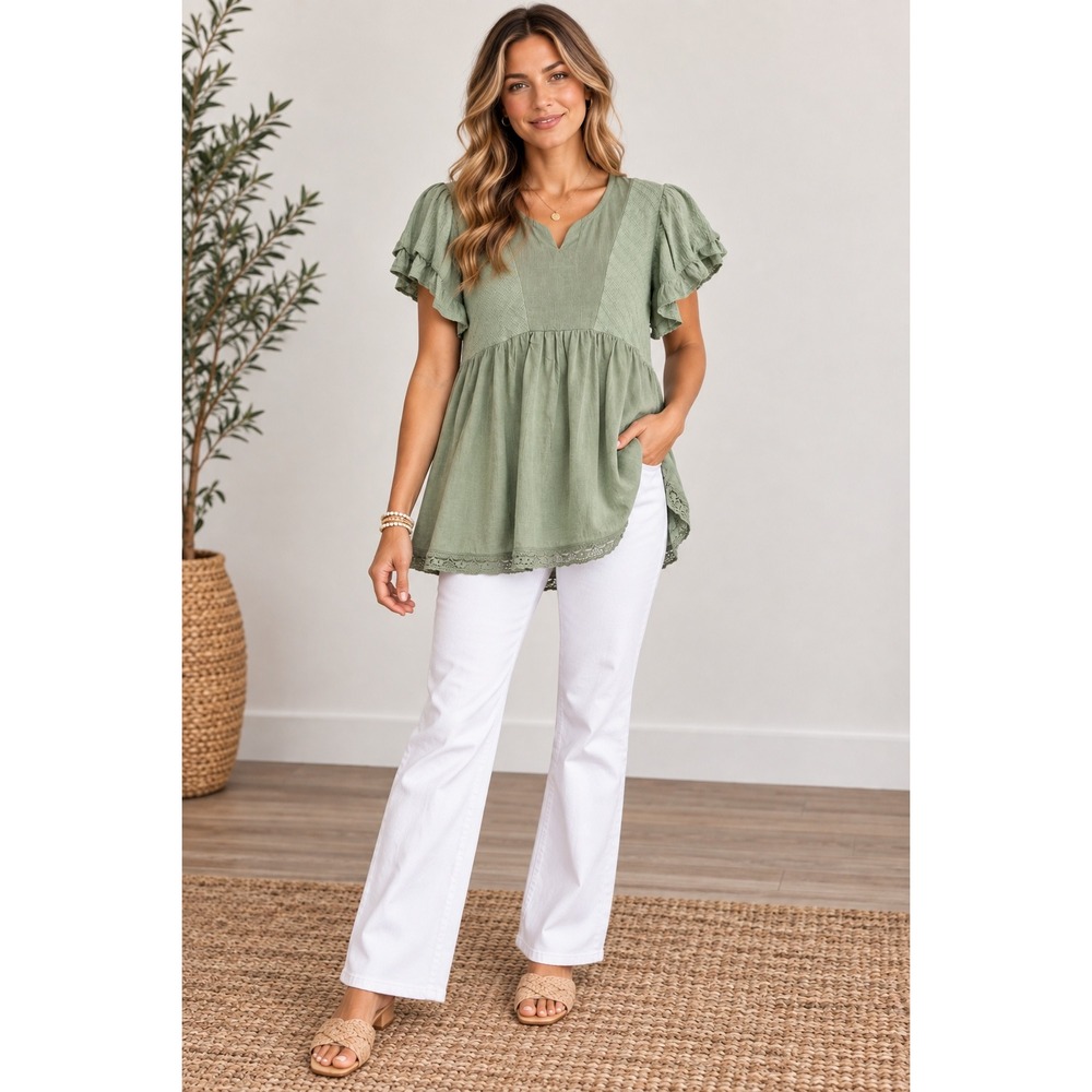 Umgee Sage Green Boho Babydoll Tunic Top Ruffle Sleeve Lace Trim Cottagecore L